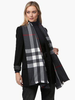 Foxford Fine Merino Extra Grote Sjaal Black White Red Stripe