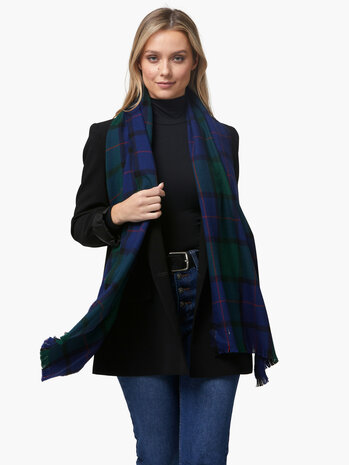 Foxford Fine Merino Extra Grote Sjaal Navy Green Tartan